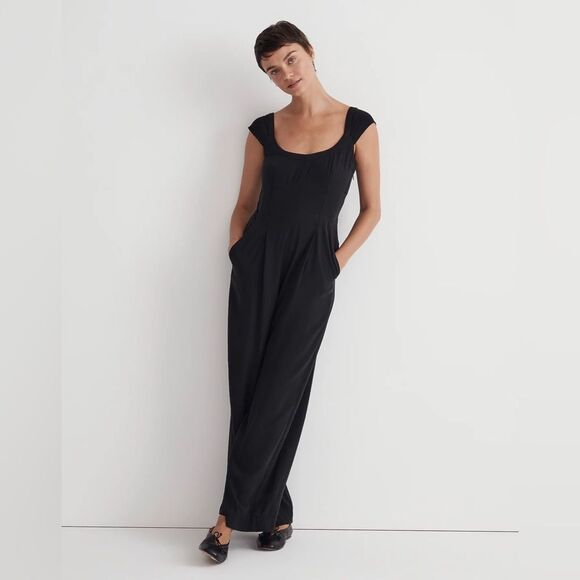 Madewell NWT Cap Sleeve Crop Wide Leg Jumpsuit Size 2 in True Black - Picture 1 of 7